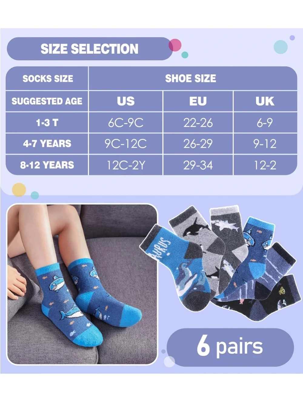 Kids Wool Blend Winter Socks Boys Girls Warm Thick Crew Socks 6 Pairs Size 1-3T